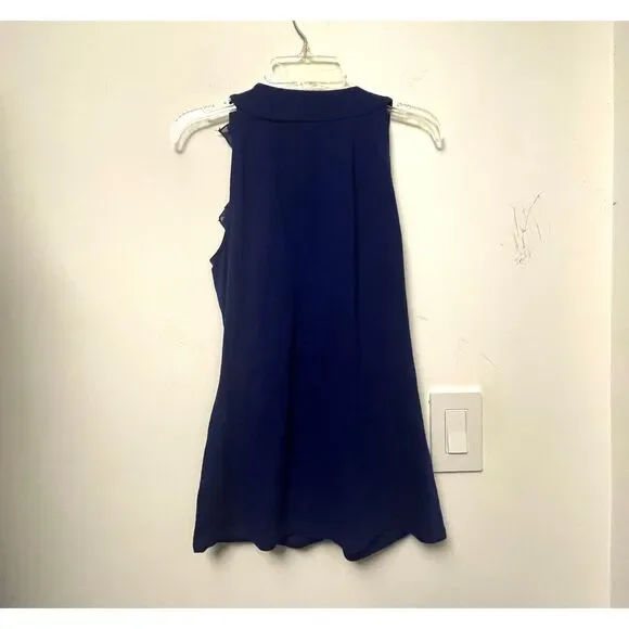 White House Black Market Women Blue Sleeveless Ruffle Top - Picture 3 of 3